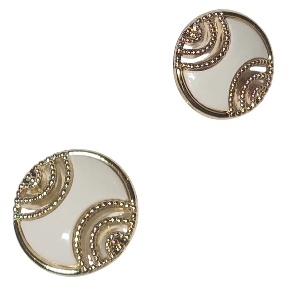 Vintage Gold Tone White Enamel Filigree Shank Buttons Set of 2 Replacement